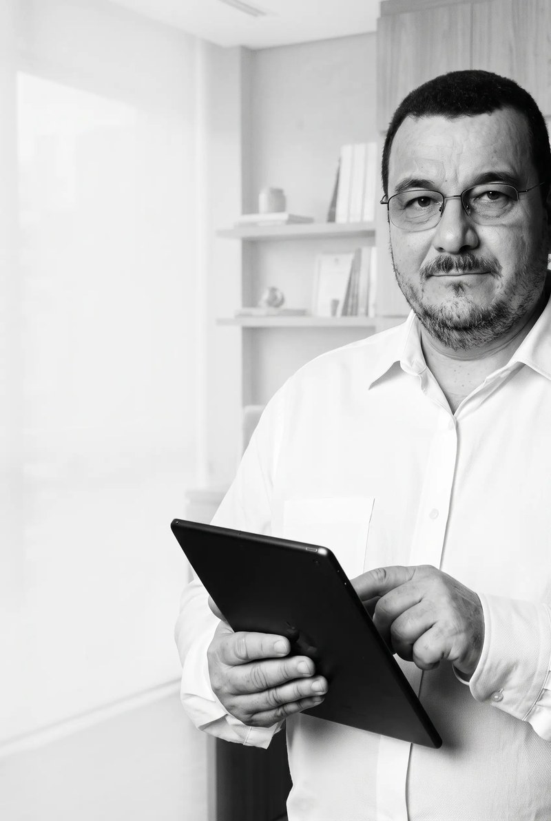 Dr. Moacir Sousa analisando exames em tablet